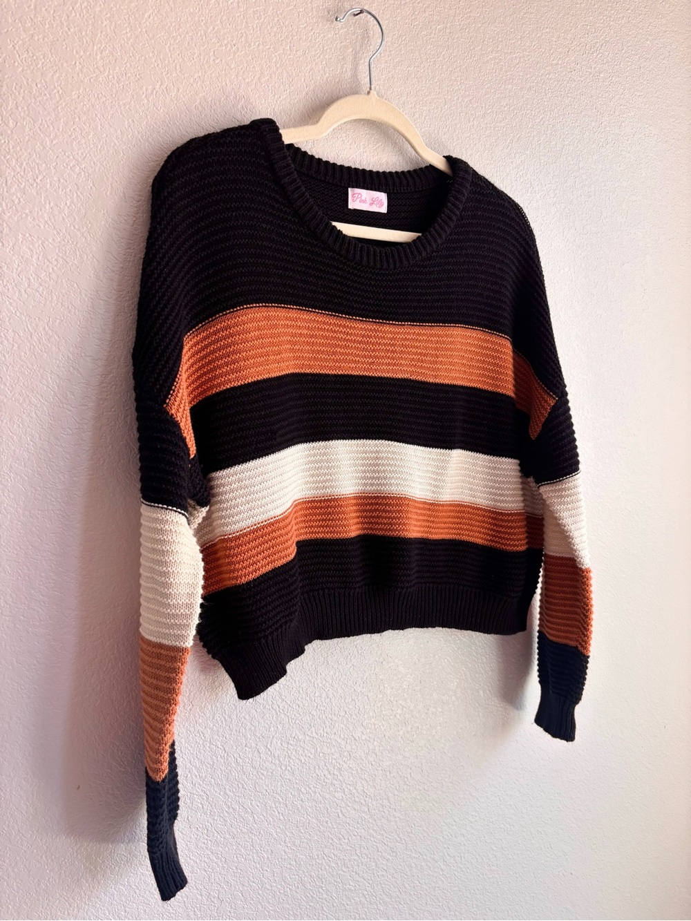 Pink Lily Black, Orange & Cream Striped Crewneck Sweater